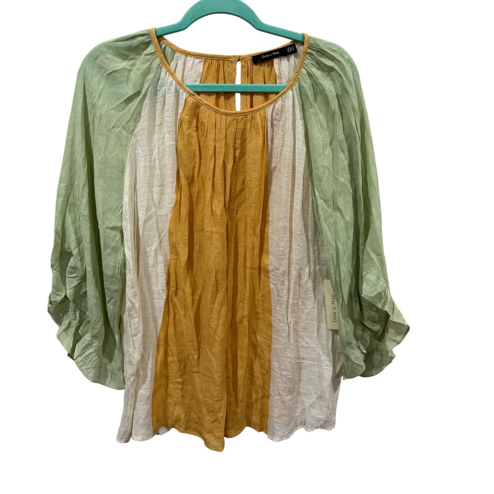 Doe & Rae Womens 1XL Colorblock Crinkle Gauze Bell Sleeve Boho Blouse NWT